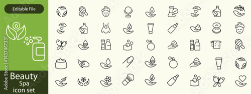 Beauty and Spa set of web icons in line style. Cosmetics services & Spa icons for web and mobile app. Spa treatments, skin care, massage, hyaluronic acid, serum, anti ageing, pore tighten, cosmetology