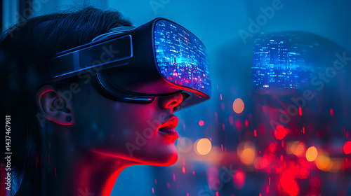 Wallpaper Mural Futuristic person wearing smart glasses with neon city lights reflection Torontodigital.ca