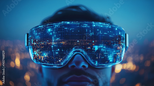 Wallpaper Mural Futuristic person wearing smart glasses with neon city lights reflection Torontodigital.ca