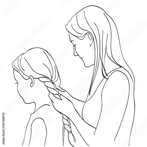 Bilde på lerret Mother Styling Daughter’s Hair Minimalist Drawing