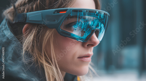 Wallpaper Mural Futuristic person wearing smart glasses with neon city lights reflection Torontodigital.ca