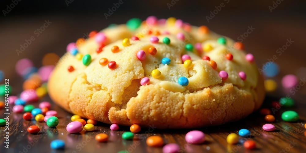 A delightful, freshly baked cookie generously adorned with a vibrant assortment of colorful candy sprinkles, resting on a dark wood surface. A delightful, freshly baked cookie generously adorned with a vibrant assortment of colorful candy sprinkles, resting on a dark wood surface.