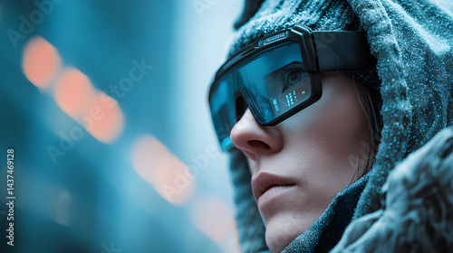 Wallpaper Mural Futuristic person wearing smart glasses with neon city lights reflection Torontodigital.ca