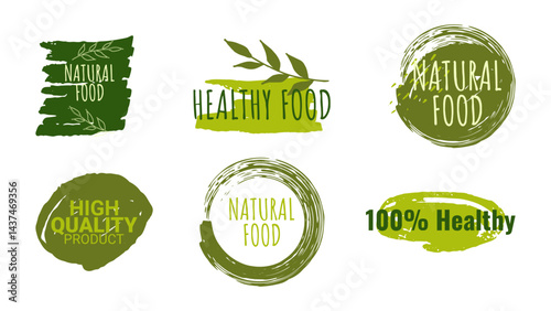 Healthy food labels badges logos Eco stickers. For farmer market eco food vegetarian menu food package. Ecology friendly design. Organic Food, Vegan, Farm Fresh, Natural Product. Vector illustration.