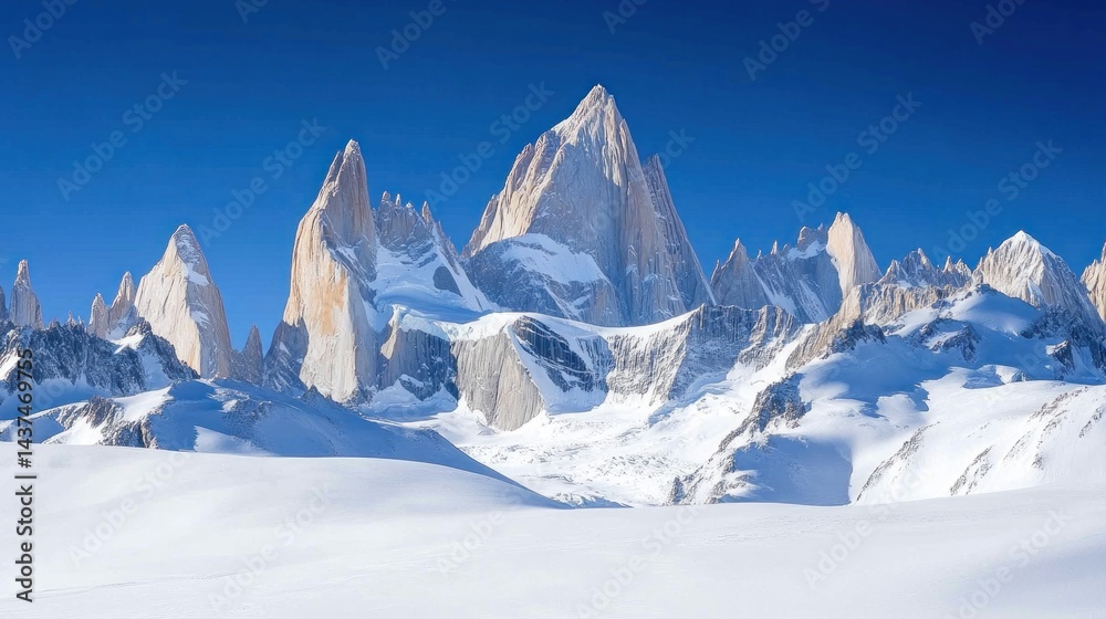 Naklejka premium Majestic snow-capped peaks pierce a vibrant blue sky. Vast, pristine white landscape