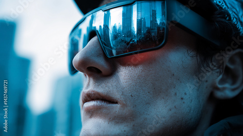 Wallpaper Mural Futuristic person wearing smart glasses with neon city lights reflection Torontodigital.ca