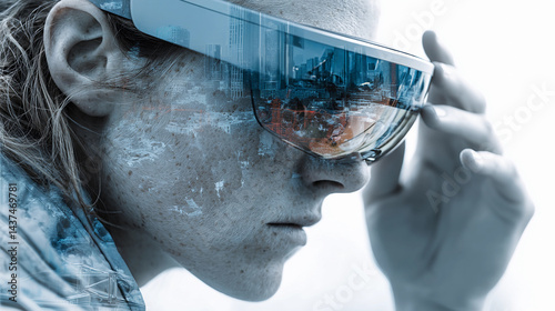 Wallpaper Mural Futuristic person wearing smart glasses with neon city lights reflection Torontodigital.ca