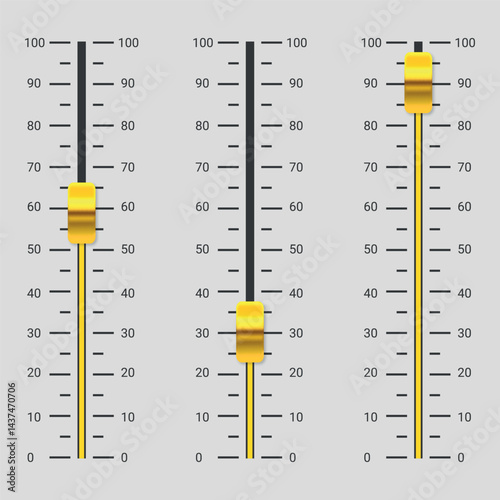 Music mixer volume sliders. Vertical sliders, yellow faders on grey background, EPS 10
