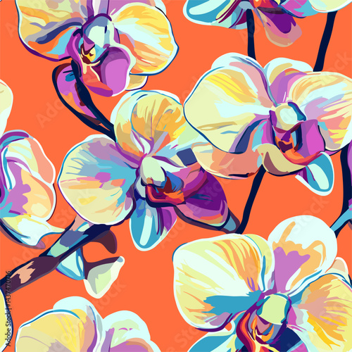 Abstract Orchid Art a vibrant abstract illustration of delicate orchid flowers against a vivid, eye-catching background. The image is a modern, colorful depiction of botanical beauty.