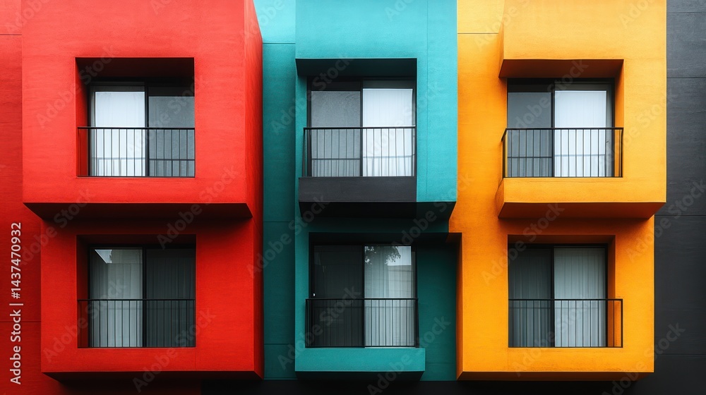 Fototapeta premium Colorful apartment building facade with balconies and windows. (2)