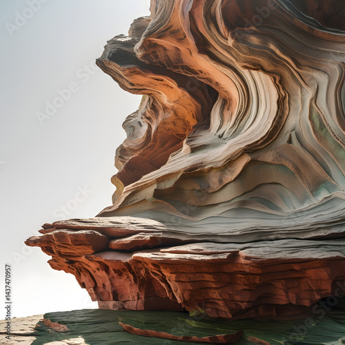 A stunning layered rock formation with flowing, wave-like textures in warm earthy tones, captured under soft natural light.