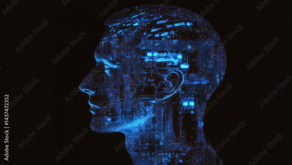 Obraz premium Digital head profile, circuit board, dark background, AI concept, tech illustration