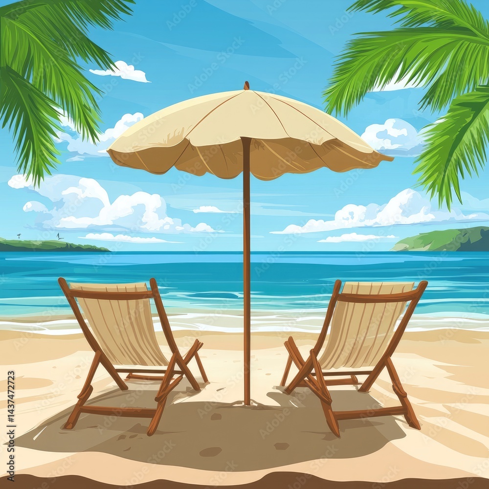 Tropical beach scene with beach chairs and umbrella (3) Tropical beach scene with beach chairs and umbrella (3)
