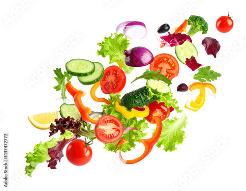 Colorful Salad Mix of Fresh Vegetables Falling in Mid Air high fidelity 