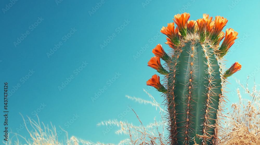 Naklejka premium Close up of cactus and orange flowers with blue sky background, free space for text
