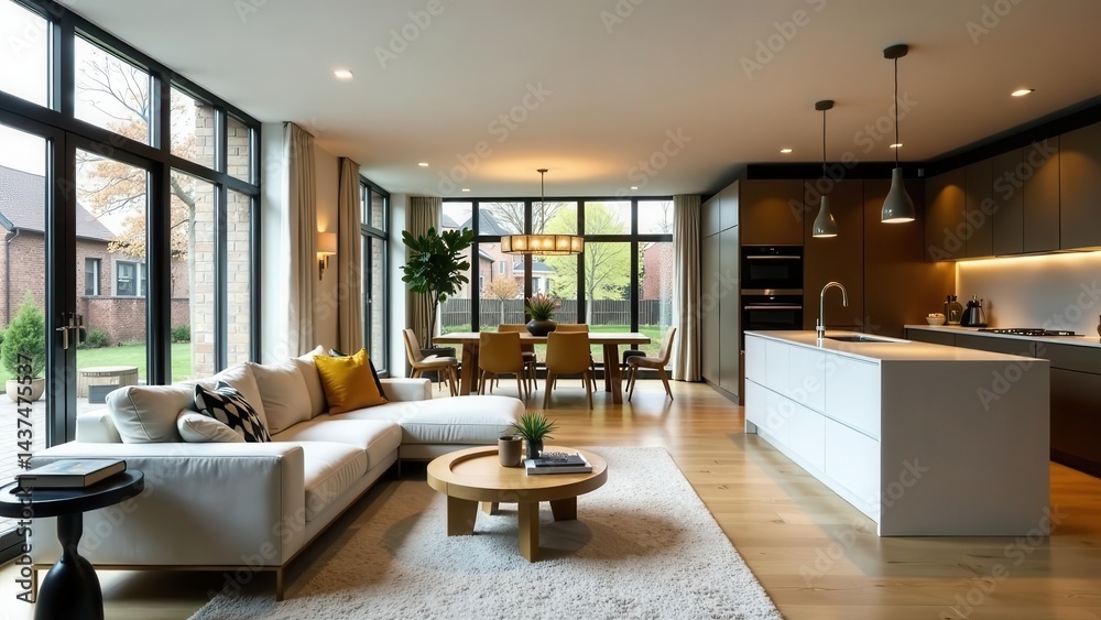Fototapeta premium Modern Open-Plan Living Space Featuring a Cozy Sectional Sofa, an Island Kitchen, and Abundant Natural Light Through Expansive Windows