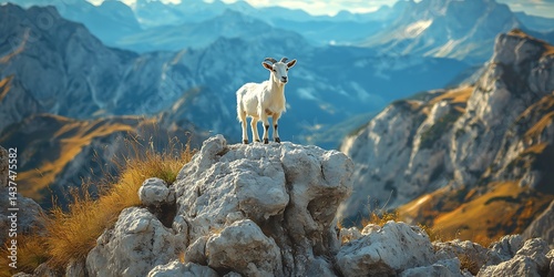 Goat on Mountain Peak, Scenic Alpine Landscape, Nature Photography
