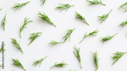 Fresh dill sprigs scattered on a white background