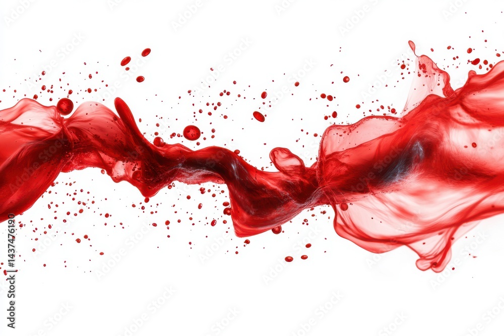 A vibrant crimson liquid splash against a stark white background creating dynamic abstract shape