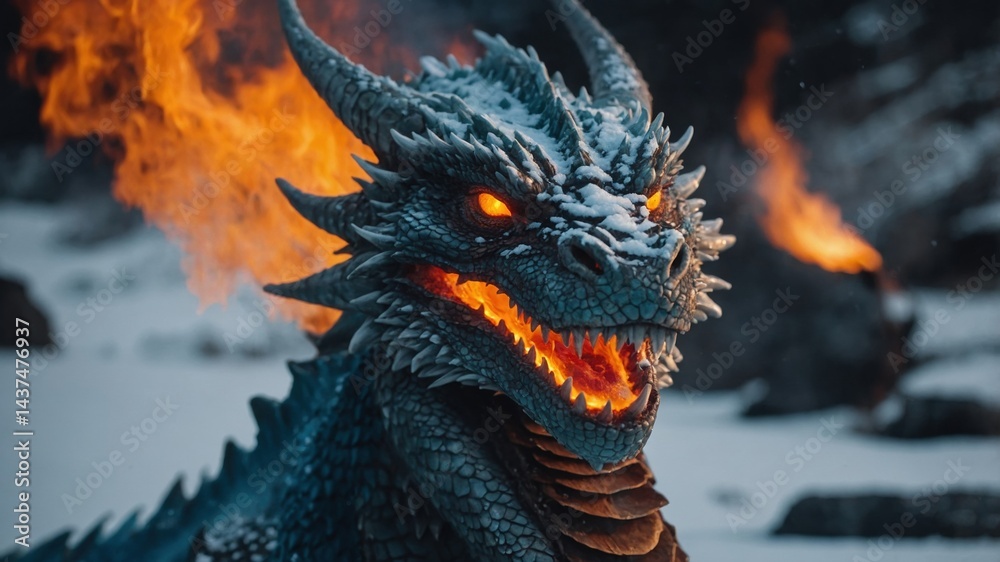 Fototapeta premium Menacing Horned Dragon Face, Scale Texture, Snowy Landscape, Fiery Breath, Fantasy Reptile, Fierce Gaze, Open Mouth