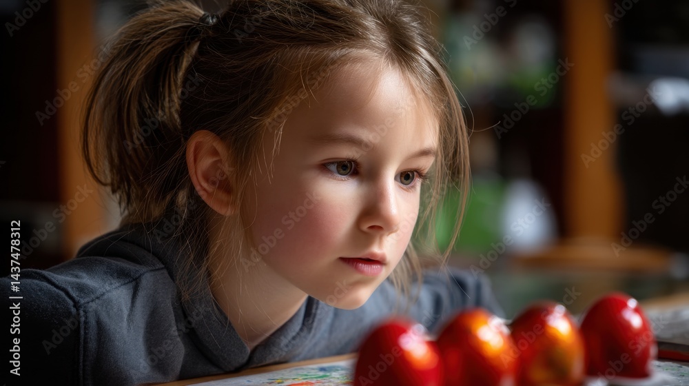 Child focused on egg decorating , side-profile shot , at a craft table , shallow depth and expressive detail , with indoor daylight