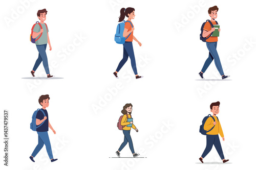 Set of Students Walking with Backpacks and Books

