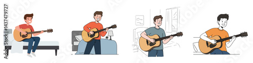 Set of Young Men Playing Acoustic Guitar Illustration

