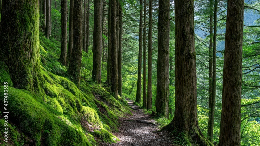 Lush green forest trail with moss-covered slopes Lush green forest trail with moss-covered slopes