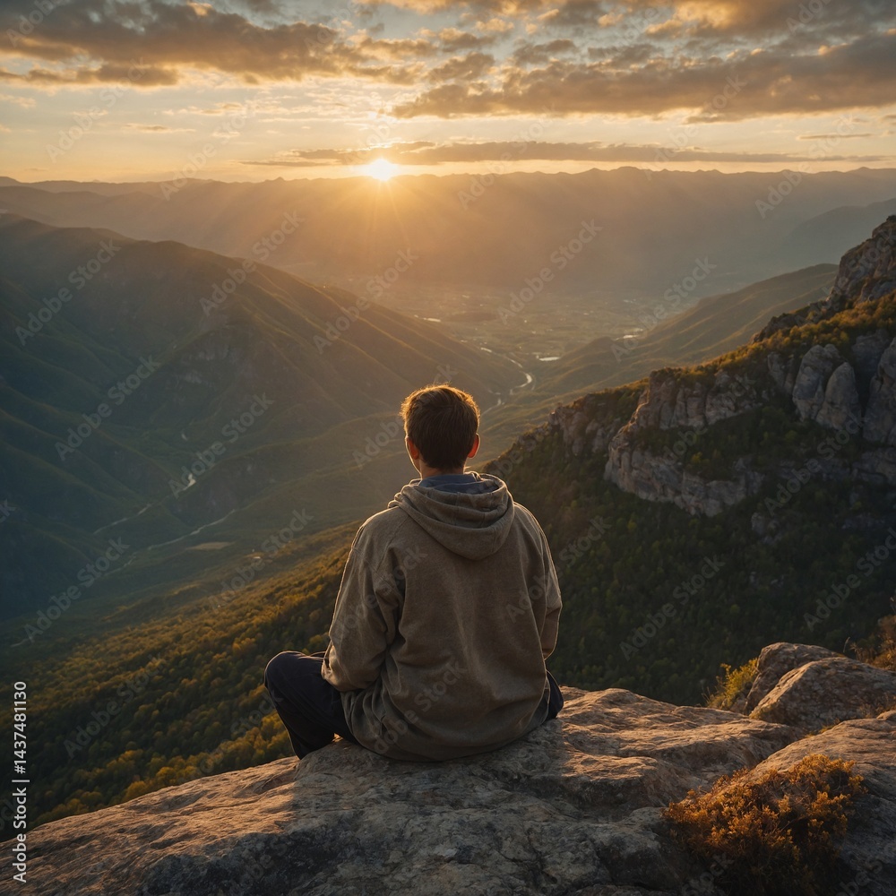 Fototapeta premium A person in loose, comfortable clothes sits in a meditative posture at the edge of a cliff, the rising sun glowing behind them, lighting up the clouds and mountains in soft golden hues.