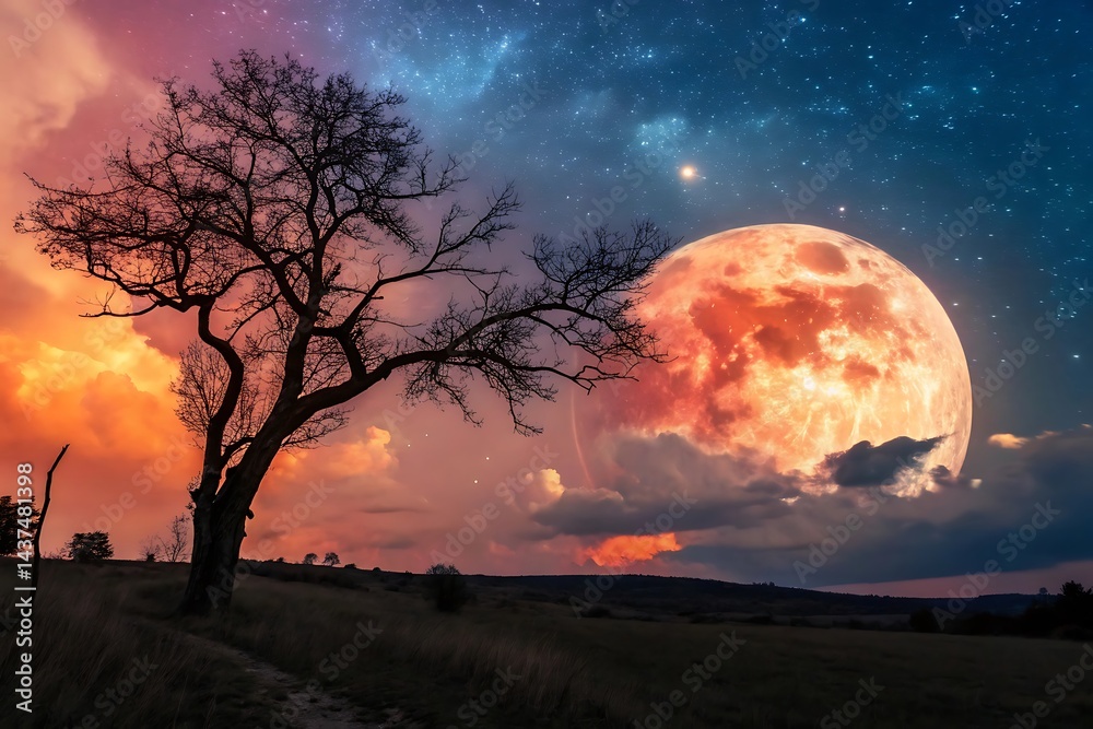 Magical Twilight Landscape – Giant Luminous Moon, Fiery Sky, and Solitary Tree Silhouette in a Surreal Night Scene Magical Twilight Landscape – Giant Luminous Moon, Fiery Sky, and Solitary Tree Silhouette in a Surreal Night Scene