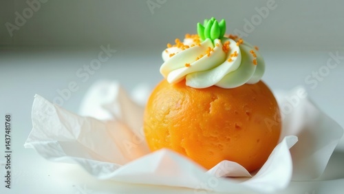 A delightful orange-flavored confection, adorned with a swirl of creamy frosting and vibrant green garnish, rests delicately on a pristine white tissue paper.