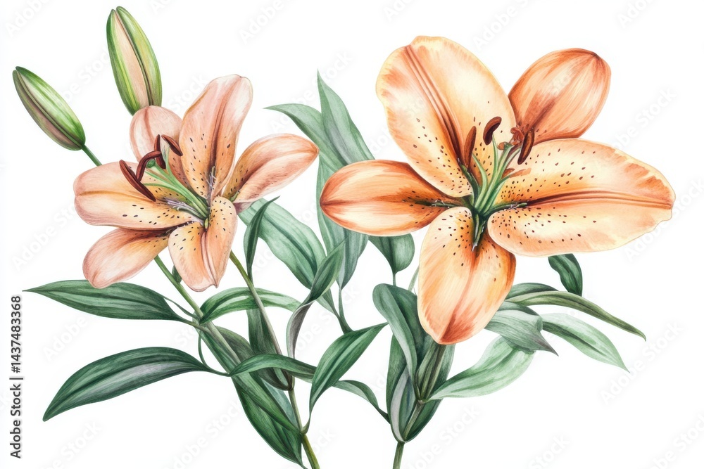 Fototapeta premium Watercolor painting of two orange lilies with green leaves on a white background artistic floral art