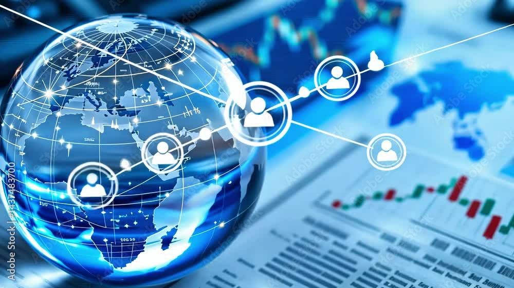 Global connectivity illustrated through a digital globe, showcasing networking with graphs in the background
