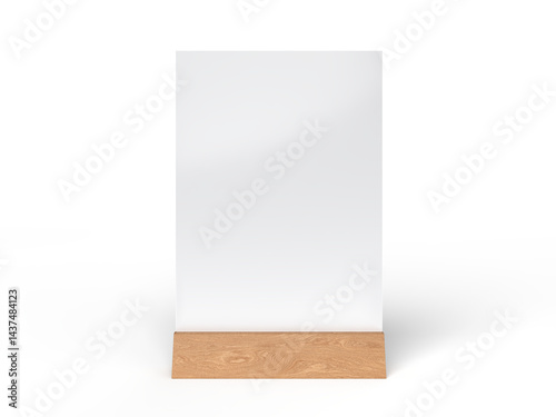 3D Realistic table stand, table tent mockup with wooden base and white paper acrylic. Blank card holder display information for menu label, restaurant, cafe, banner, picture stand, sign holder, ads