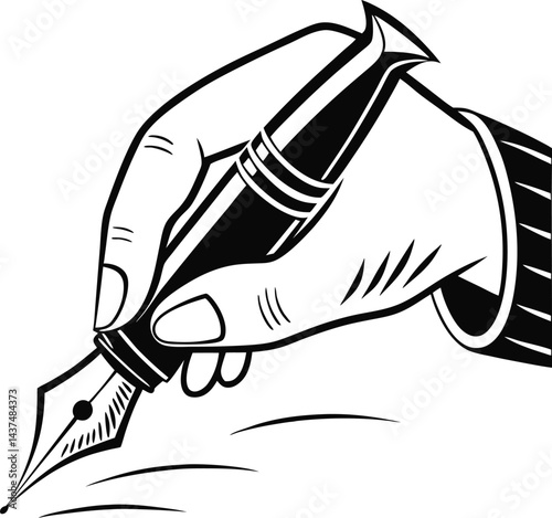 Minimalist Hand Holding Pen Icon - Black & White Writing Symbol in Graphic Silhouette Style