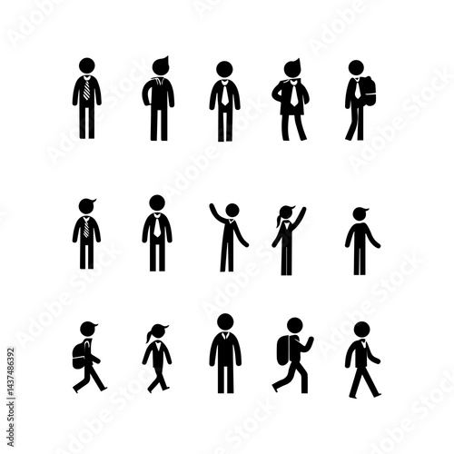 Simple Black Stick Figure Icons Depicting Different Poses and Actions of People on White Background
