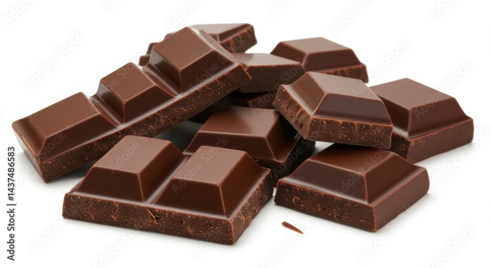 A close up shot of a pile of chocolate squares on a white surface in a studio setting with good lighting A close up shot of a pile of chocolate squares on a white surface in a studio setting with good lighting