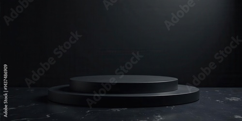A Dark Minimalist Two-Tiered Display Platform on a Black Surface Ideal for Product Showcases or Abstract Compositions