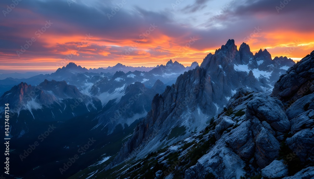 Obraz premium Dramatic Mountain Peaks Landscape with Fiery Sunset and Rocky Slope