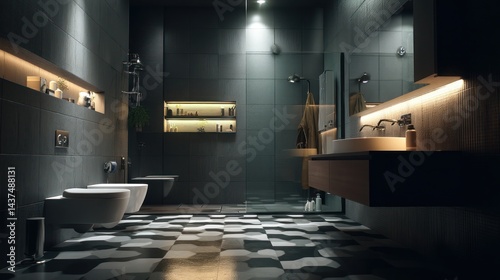 Modern dark bathroom with geometric tiles, glass shower, and warm lighting