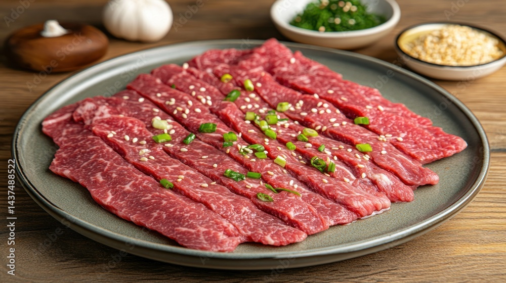 Raw beef slices ready for grilling. Thinly sliced beef strips arranged on a gray plate, seasoned with sesame seeds and green onions. Accompanied by Asian ingredients Raw beef slices ready for grilling. Thinly sliced beef strips arranged on a gray plate, seasoned with sesame seeds and green onions. Accompanied by Asian ingredients
