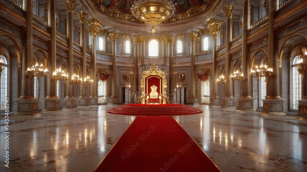 Obraz premium Opulent palace interior with red carpet and golden throne at center