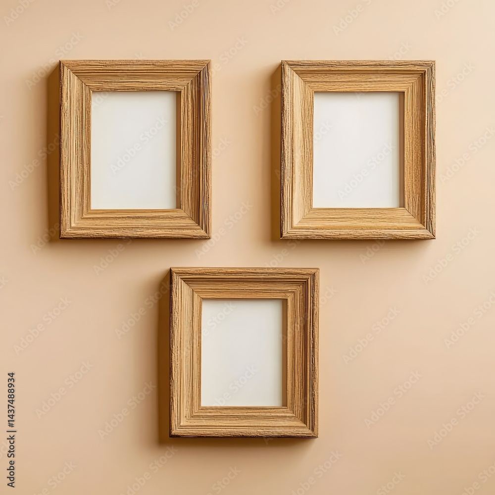 Three light brown wooden picture frames arranged vertically on a beige wall Three light brown wooden picture frames arranged vertically on a beige wall