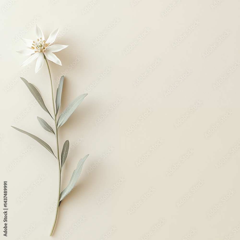 Elegant single edelweiss flower arrangement against a smooth neutral backdrop Elegant single edelweiss flower arrangement against a smooth neutral backdrop