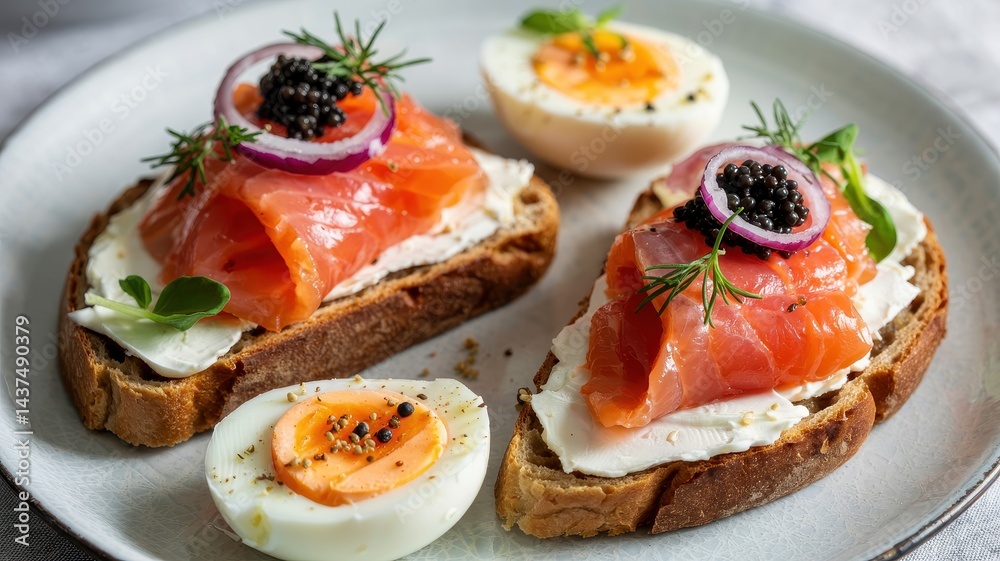Toasted rye topped with smoked salmon, caviar, eggs, and microgreens Toasted rye topped with smoked salmon, caviar, eggs, and microgreens