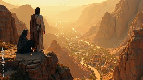 Jesus Christ and Satan temptation scene on a high mountain