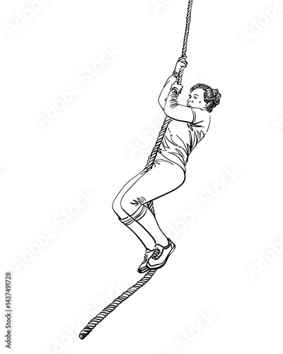 Vector illustration of a middle-aged woman with black hair climbing a rope. Hand-drawn line art without shading, Strength and determination in fitness. Active lifestyle and women's health concepts
