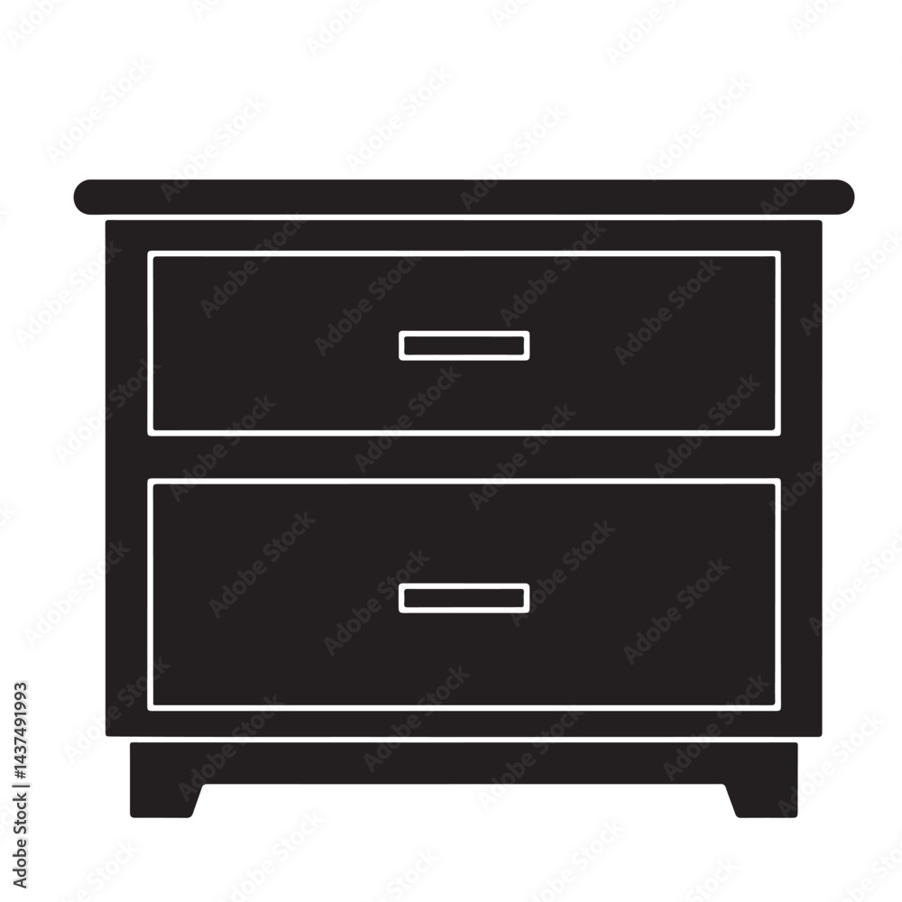 Flat Black Silhouette of Nightstand with Two Drawers Front View – Vector Illustration Flat Black Silhouette of Nightstand with Two Drawers Front View – Vector Illustration