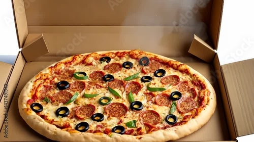 Freshly opened pizza box revealing hot and delicious pepperoni and olive pizza