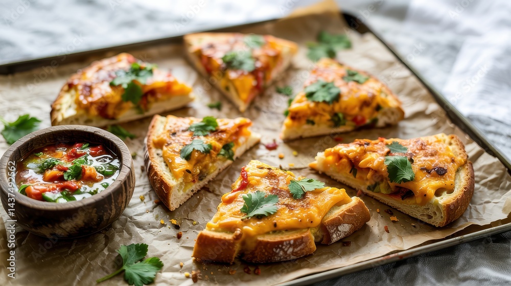 Pizza toast slices with cheese, olives, tomato sauce and cilantro garnish Pizza toast slices with cheese, olives, tomato sauce and cilantro garnish